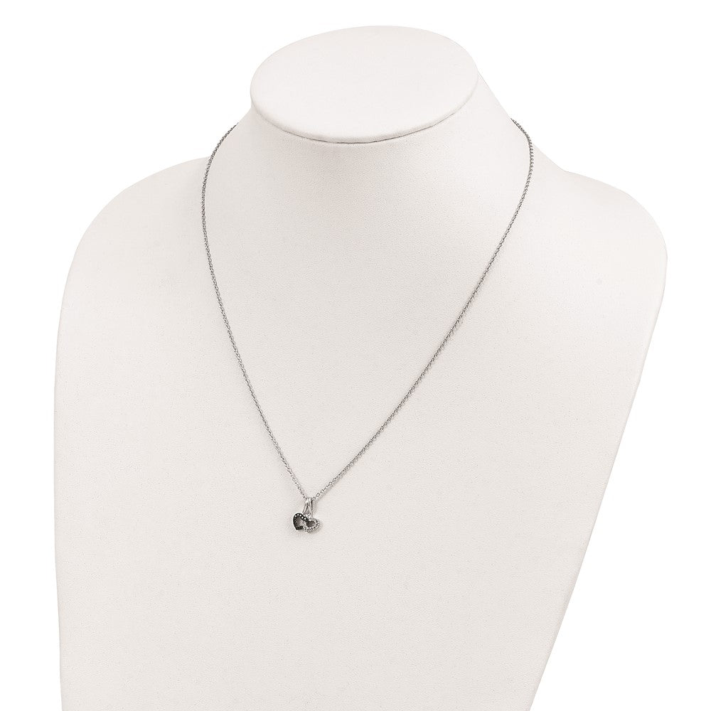 White Night Sterling Silver Rhodium-plated Black and White Diamond Double Heart 18 Inch Necklace with 2 Inch Extender 18 Inches