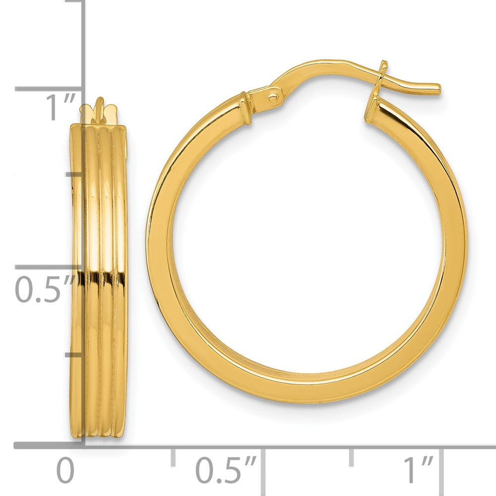 10K Polished and Grooved 4.00 x 24mm Tube Hoop Earrings