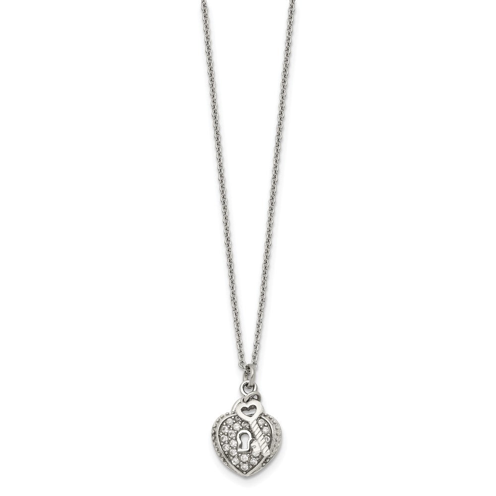 Stainless Steel Polished w/CZ Heart Lock and Key 18in Necklace