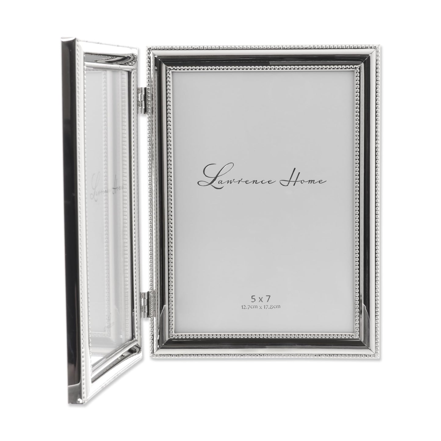 Lawrence Frames 5x7 Hinged Double (Vertical) Metal Picture Frame Silver-Plate with Delicate Beading