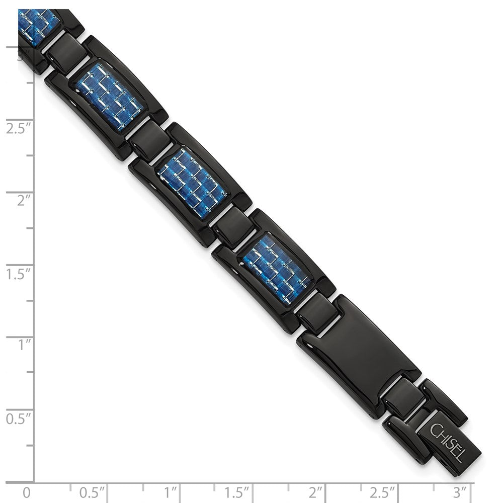 Stainless Steel Polished Black IP-plated w/Blue Carbon Fiber Inlay Bracelet 8.25 inches