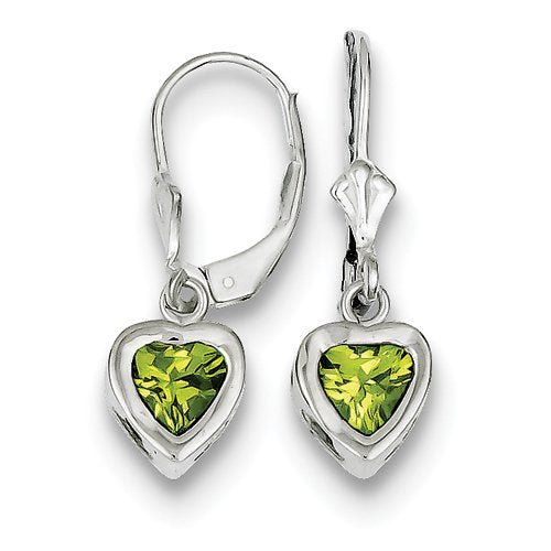 Sterling Silver Rhodium Plated 5mm Heart Peridot Leverback Earrings