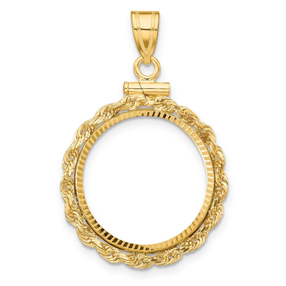 Wideband Distinguished Coin Jewelry 14k Polished Rope and Diamond-cut 17.8mm x 1.35mm Screw Top Coin Bezel Pendant