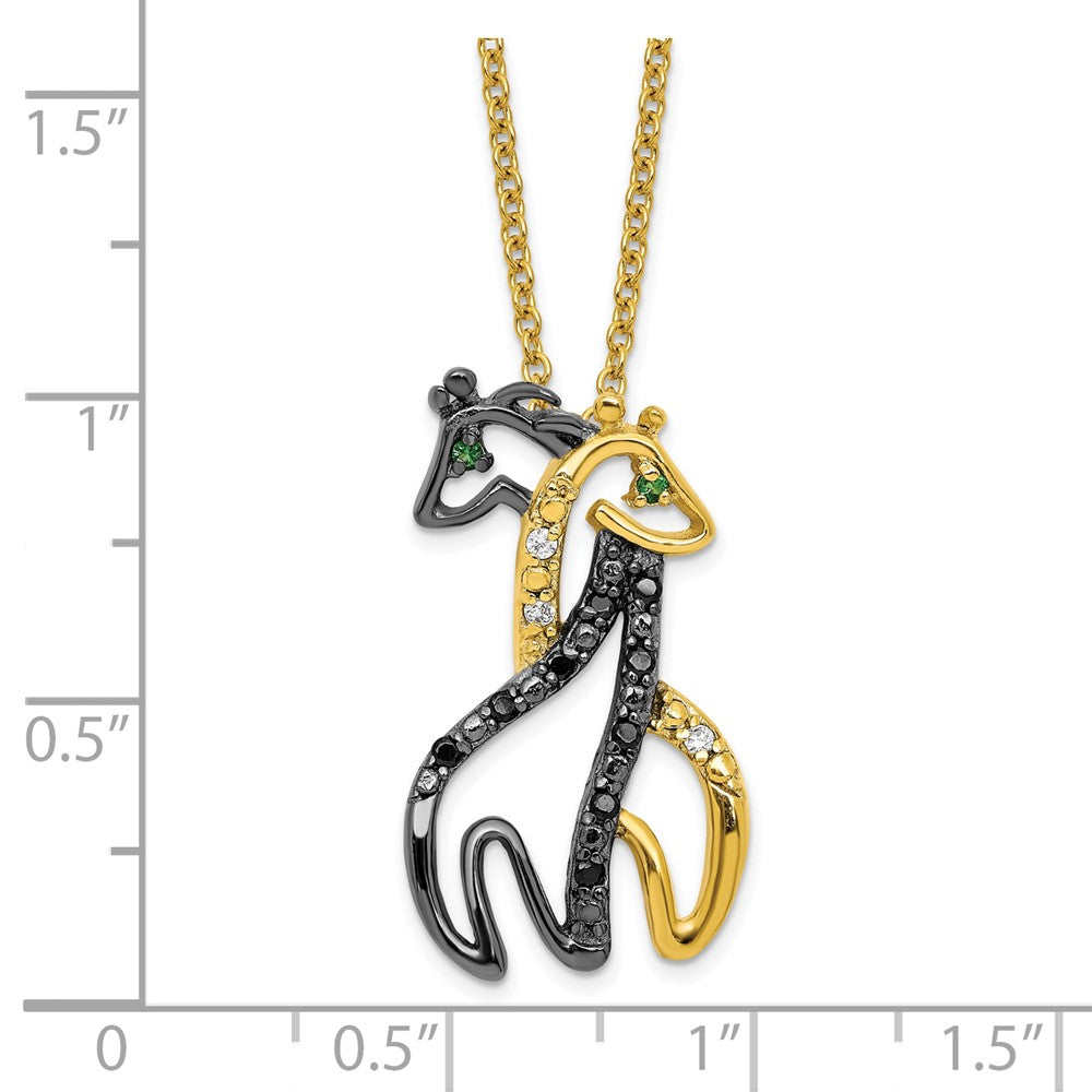 Sterling Silver Gold-plate Black,White,Green CZ Twin Giraffe Necklace