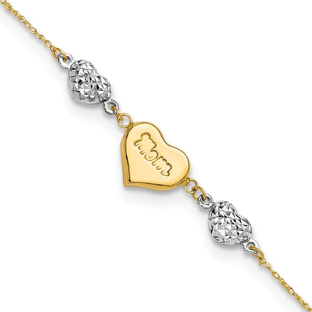 14K Two Tone Puffed MOM Heart 7in w/ 1 In Ext Bracelet 7 inches