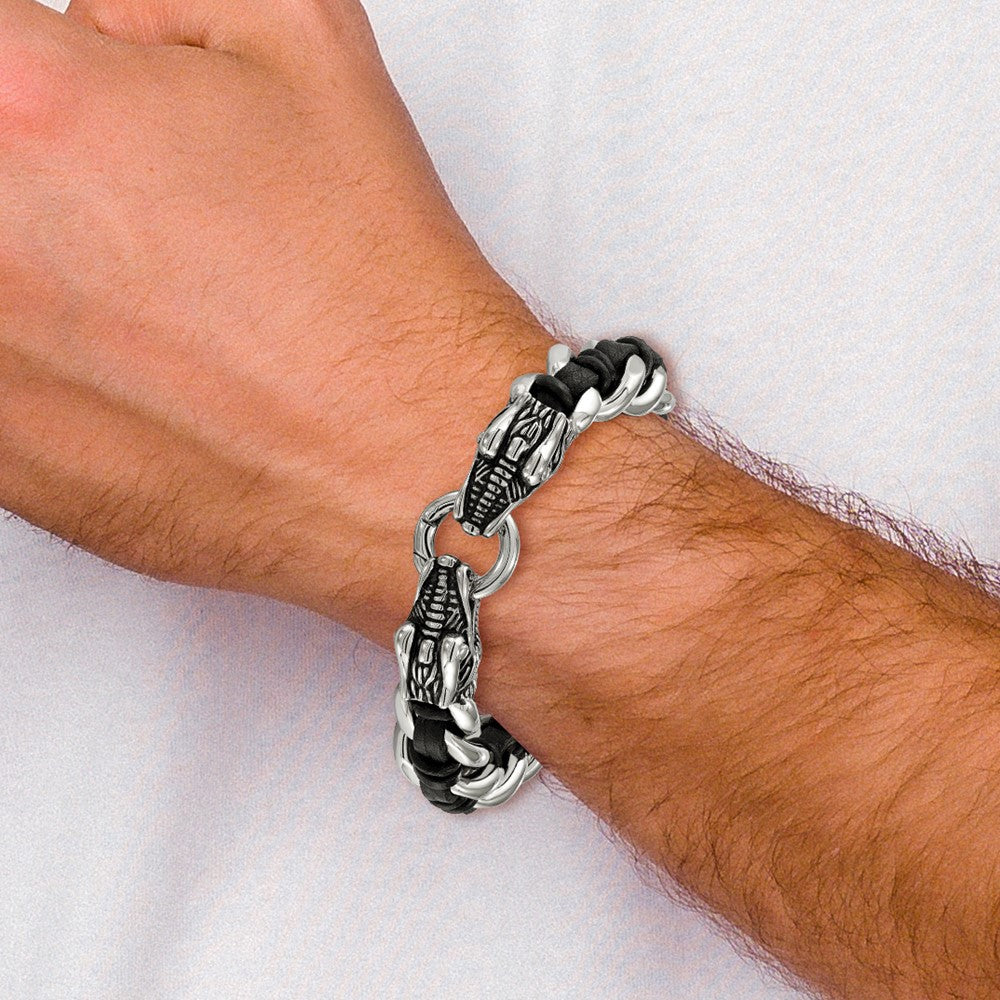 Stainless Steel Antiqued & Polished Dragon Head Black Leather Bracelet 8.5 inches