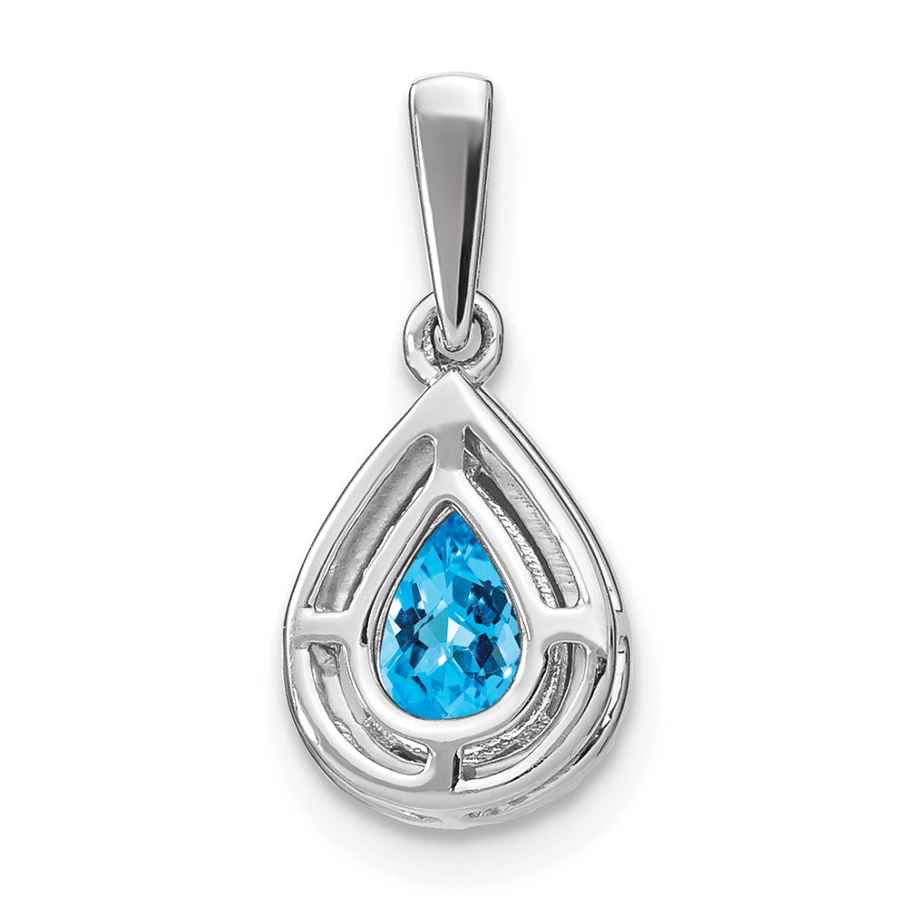 14k White Gold Pear Blue Topaz and Diamond Halo Pendant