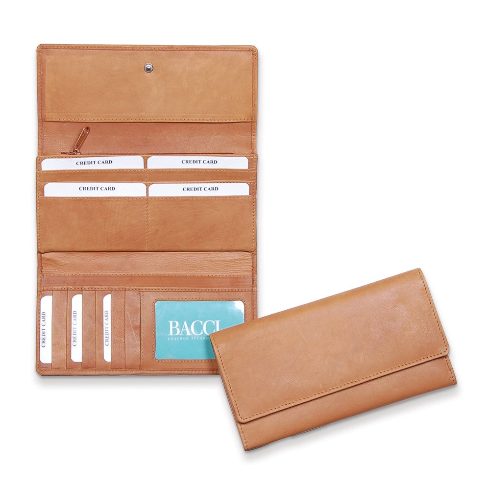 Tan Leather Flap Over Clutch 12-Slot Wallet with ID Window and 2 Zip Pockets