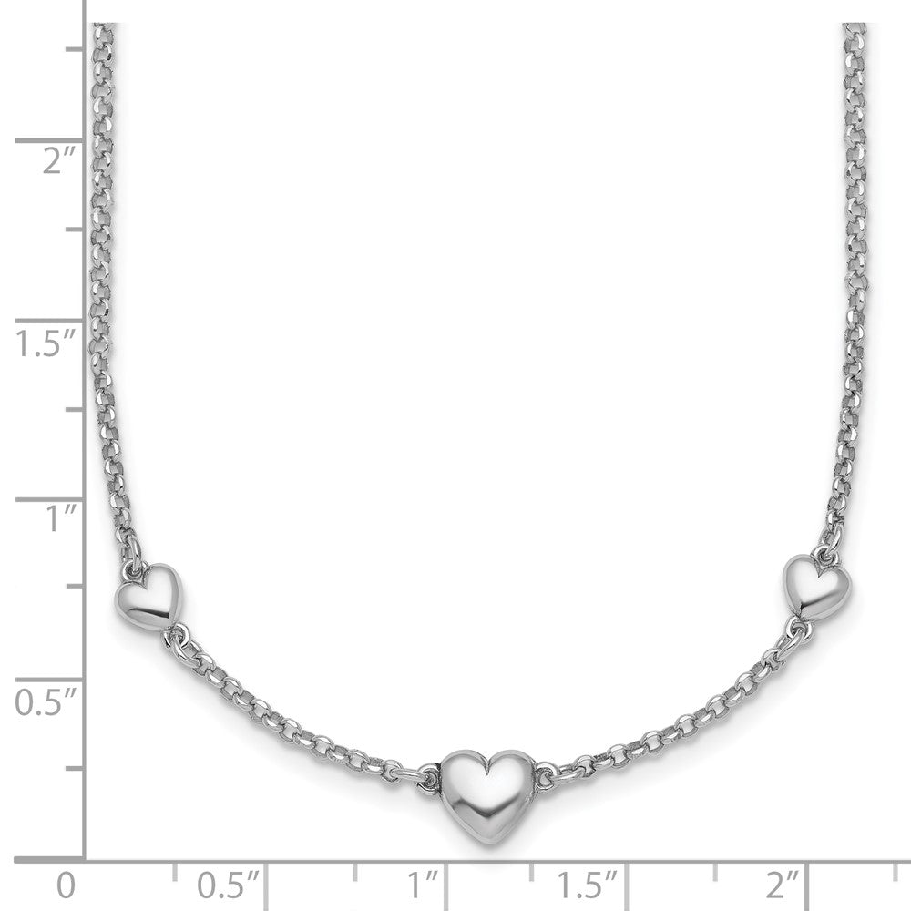 Sterling Silver Rhodium-plated Polished Three Puffed Hearts 16 inch with 2 inch Extender Necklace 16 Inches