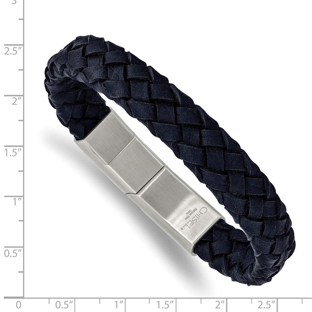 Stainless Steel Brushed Navy Braided Leather 8.25in w/.5in ext Bracelet 8.25 inches