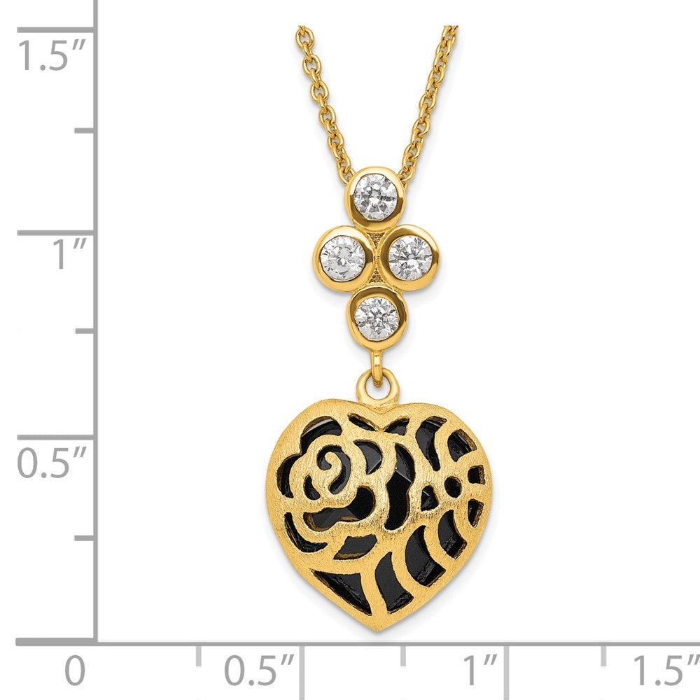 Sterling Silver Gold Plated Black Onyx and CZ Heart Necklace