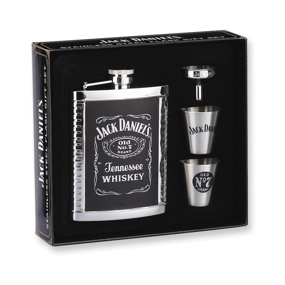 Jack Daniels Leather & Stainless Steel 6oz Cover Flask Gift Set