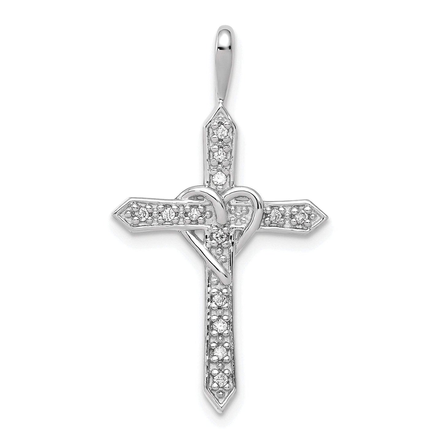 14k White Gold 1/10 CT I1 Diamond Heart Design Cross Pendant