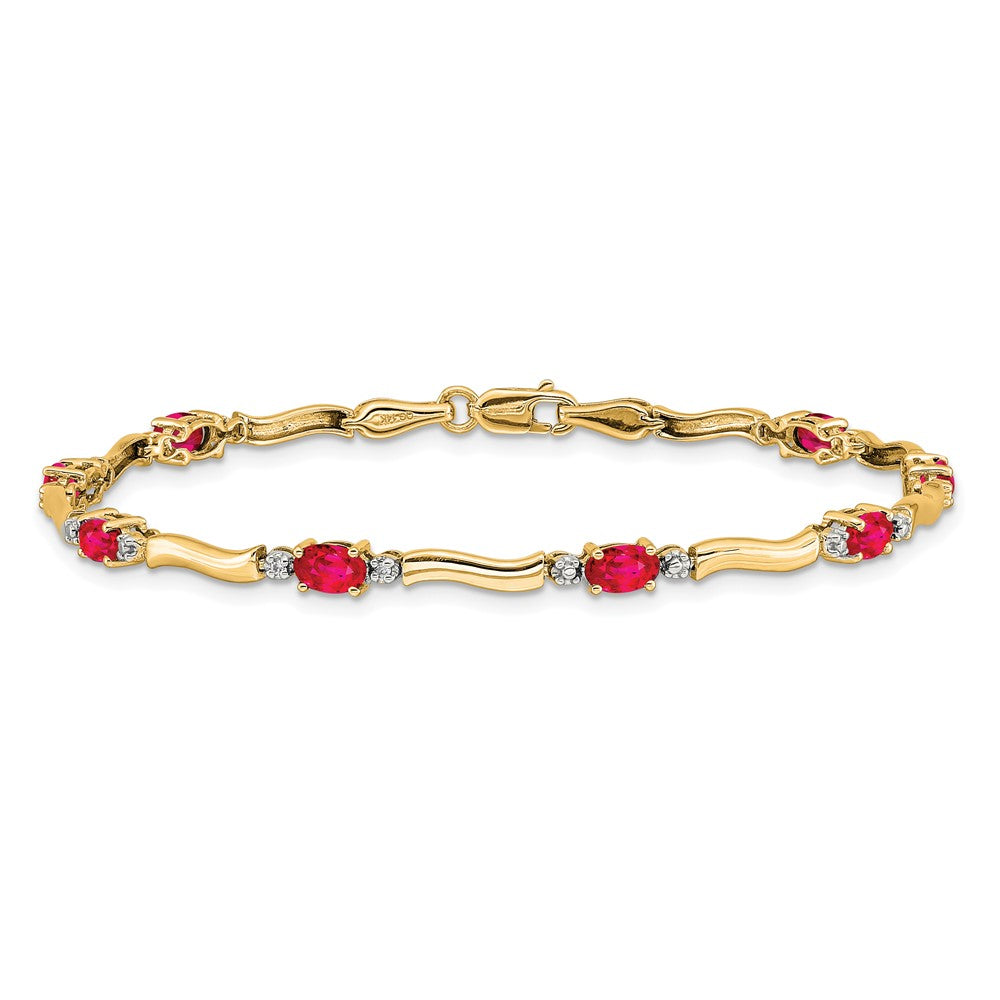14k Complete Diamond and Oval Ruby Wavy Link 7 inch Bracelet