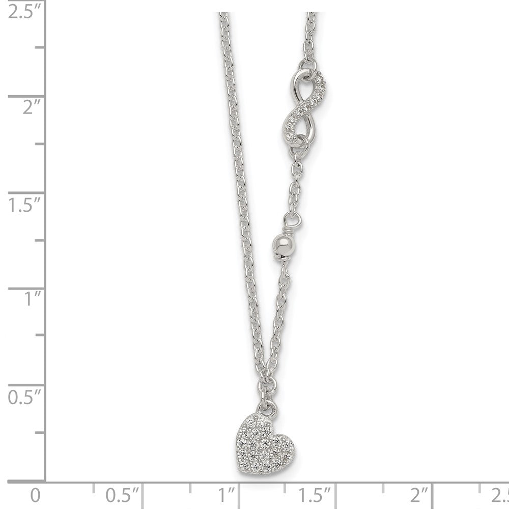 Sterling Silver CZ Infinity and Heart w/ 2in Ext Necklace 16 Inches
