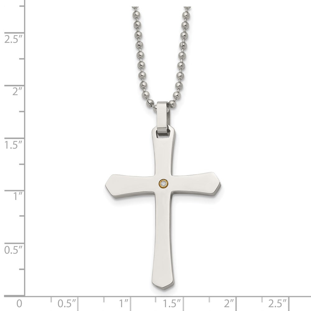 Stainless Steel Polished w/14k Accent .02ct Diamond Cross 22 inch Necklace