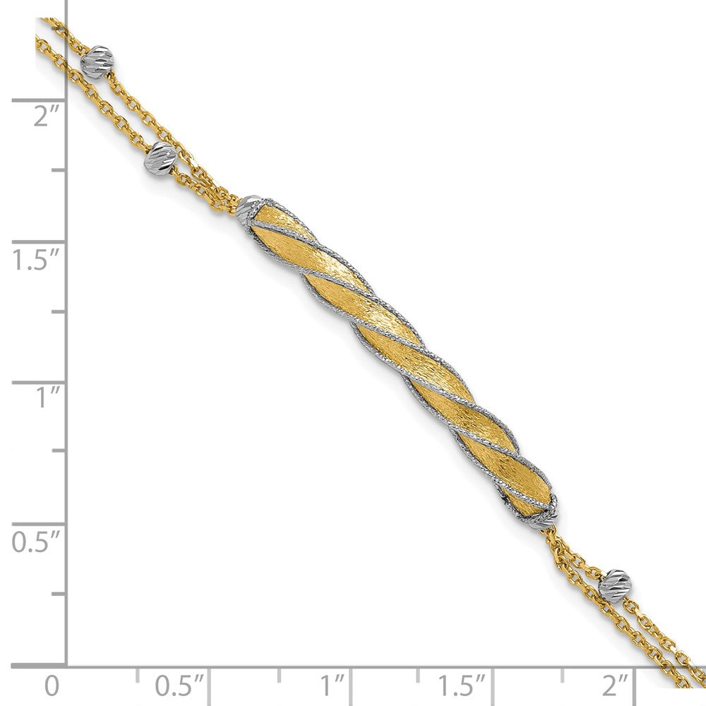 14K Two-tone Polish/Satin/Dia-cut Fancy Bar w/1in ext. Bracelet 8 inches