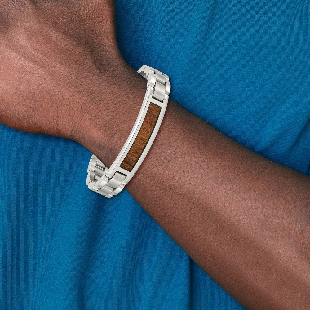 Stainless Steel Brushed & Polished Enameled w/Koa Wood Inlay Bracelet 8.5 inches