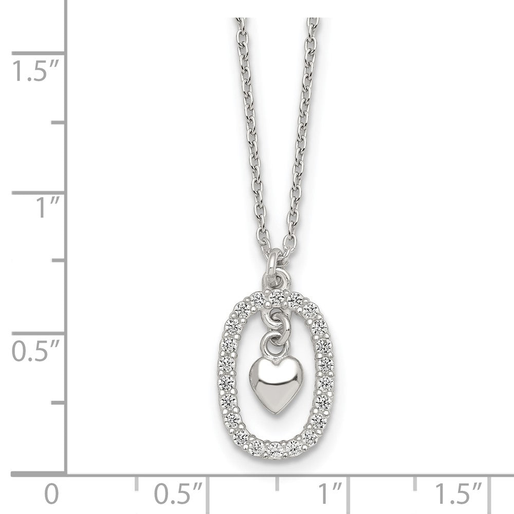 Sterling Silver Polished CZ Heart in Oval Necklace 16 Inches