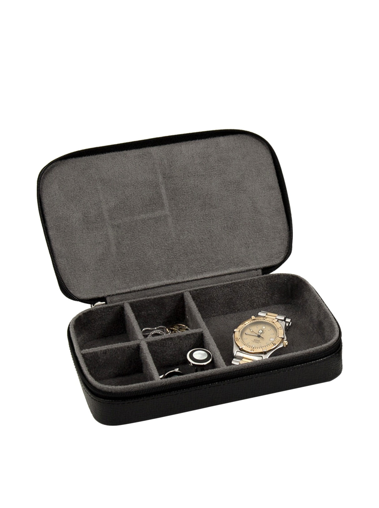 Bey-Berk International BB631BLK Leather Multi Compartment Jewelry Box with Zippered Closure - Black