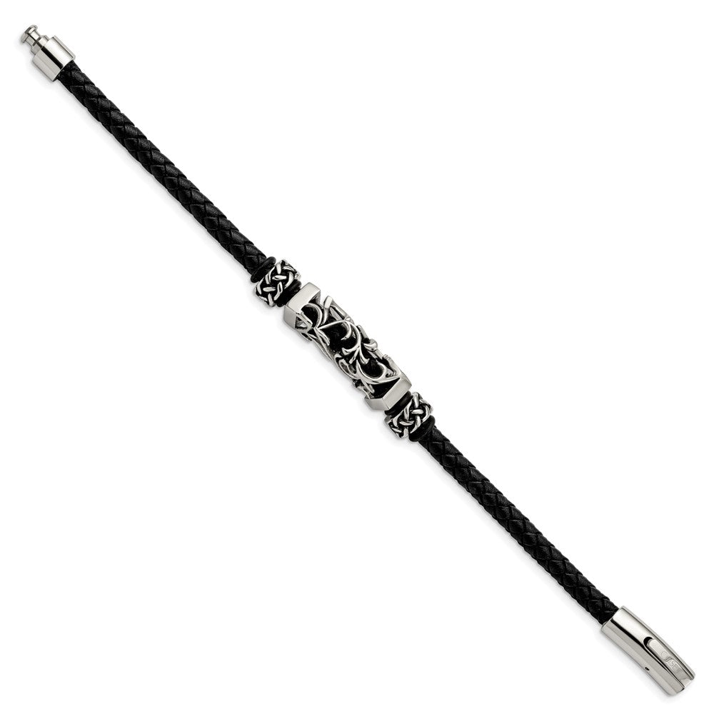 Stainless Steel Polished Black Leather w/Antiqued Beads 8.25in Bracelet 8.25 inches
