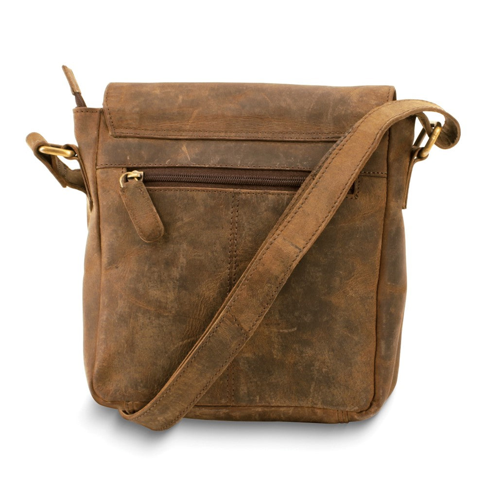 Distressed Brown Leather Magnetic Buckle Flap Over Zip-Top Crossbody Bag with Adjustable Strap