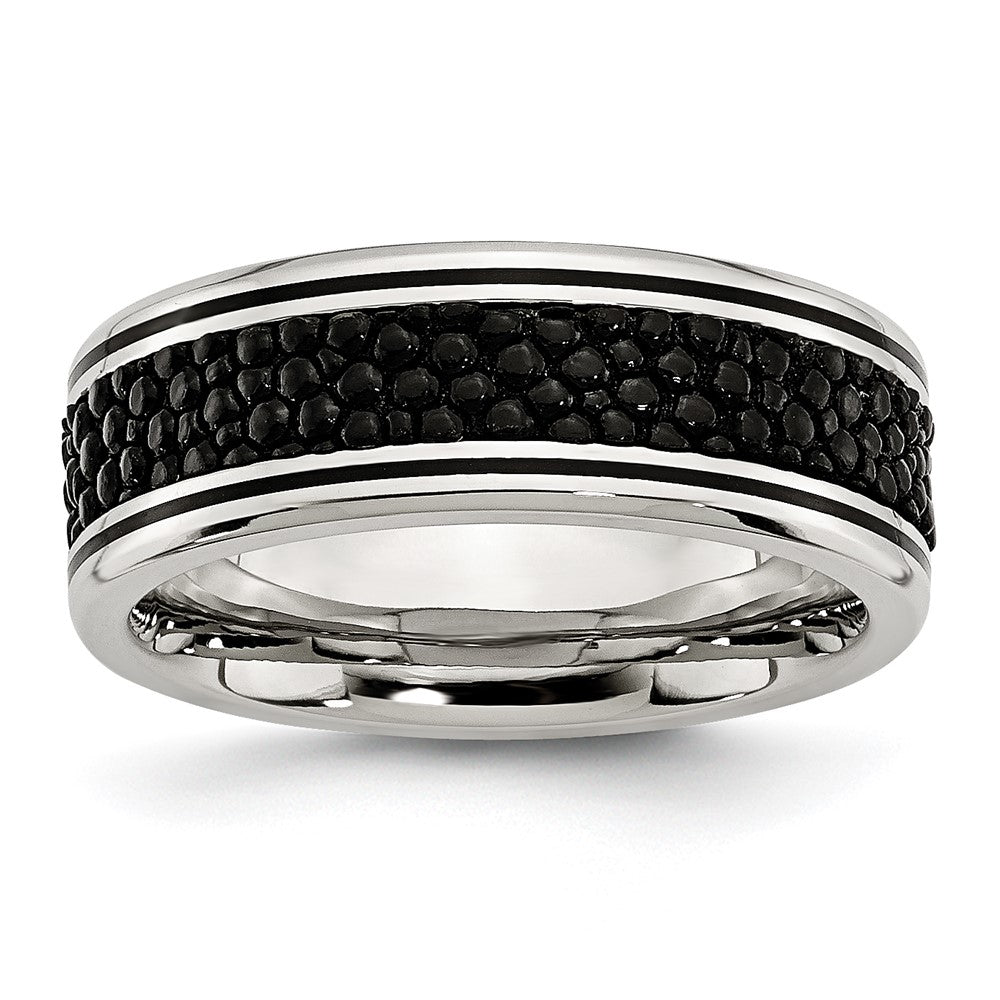 Stainless Steel Polished Grooved/Genuine Stingray Textured 8mm Band Size - 12