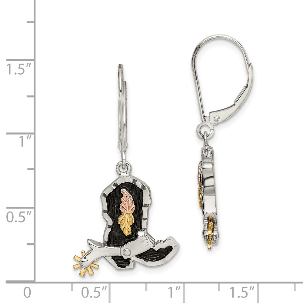 Landstrom's Mt. Rushmore Black Hills Sterling Silver 12K Gold Accents Antiqued Cowboy Boot with 10K Spur Dangle Leverback Earrings
