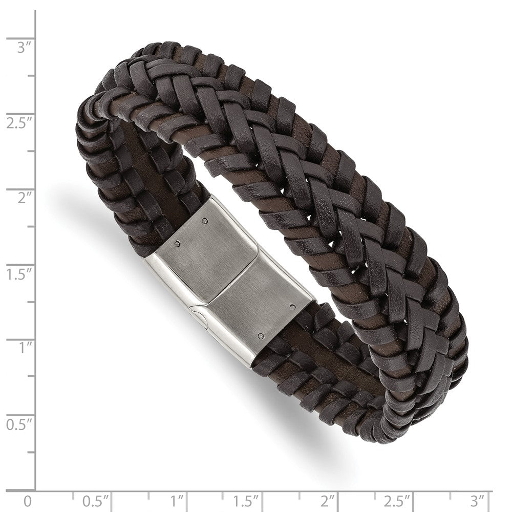 Stainless Steel Polished Braided Brown Leather 8.5in Bracelet 8.5 inches