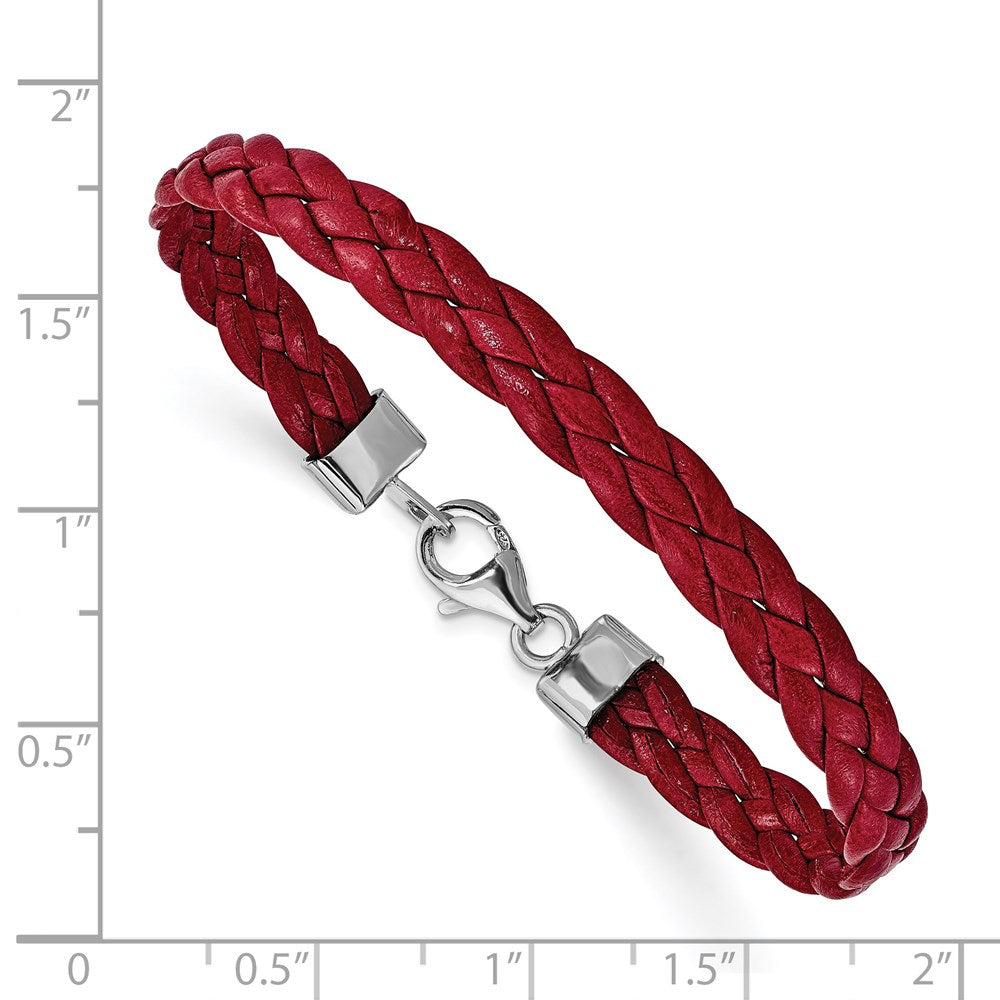 Sterling Silver Rhodium Plated Red Braided Leather 7 inch Bracelet 7 inches