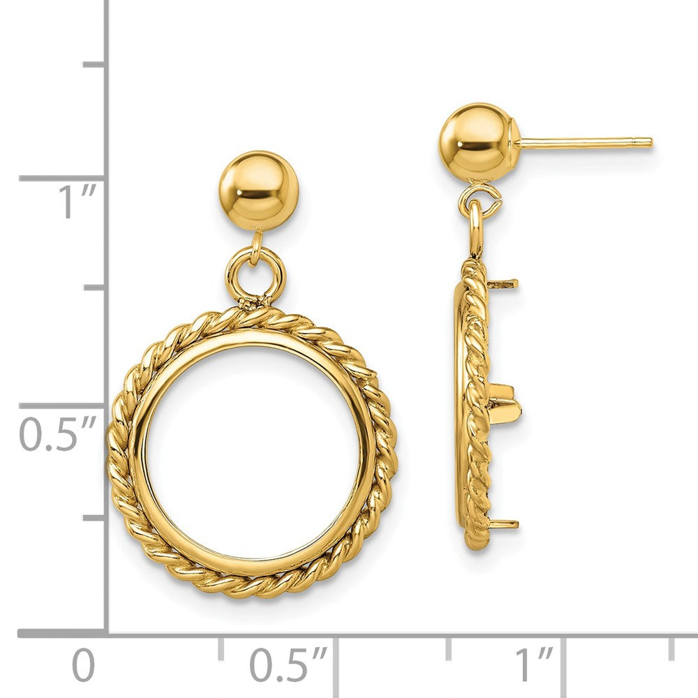 Wideband Distinguished Coin Jewelry 14k Polished Twisted Wire 14.0mm Prong Coin Bezel Post Dangle Earrings