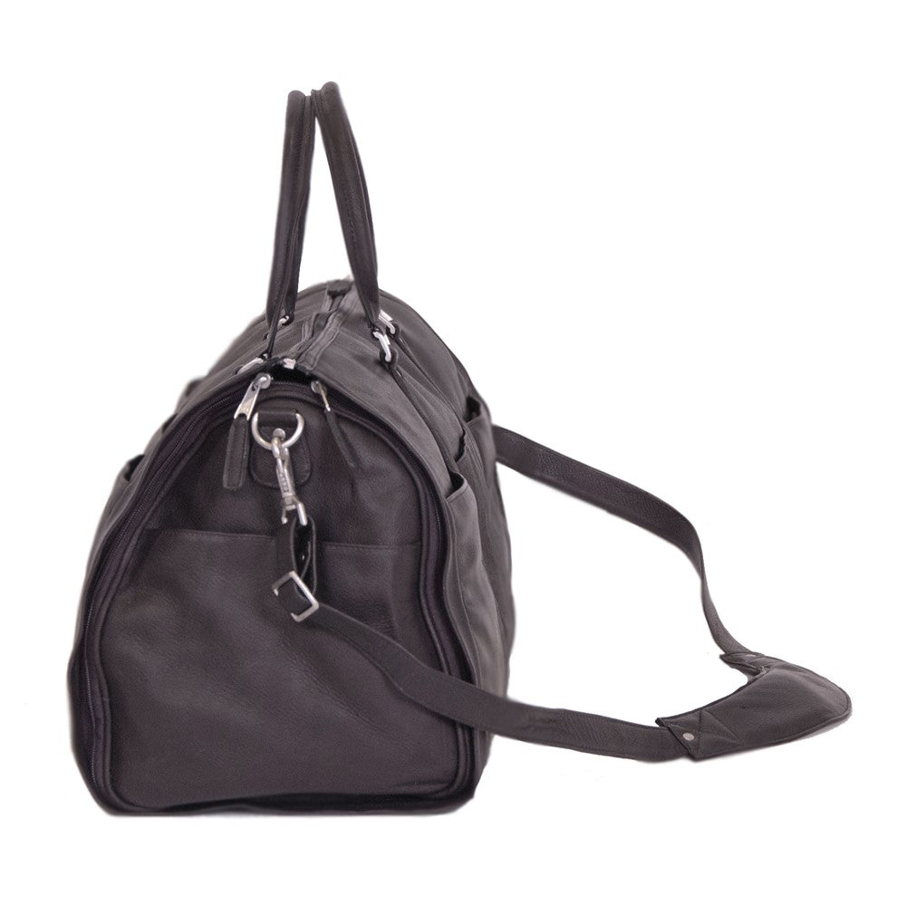Black Leather Zippered Duffle with Detachable Shoulder Strap