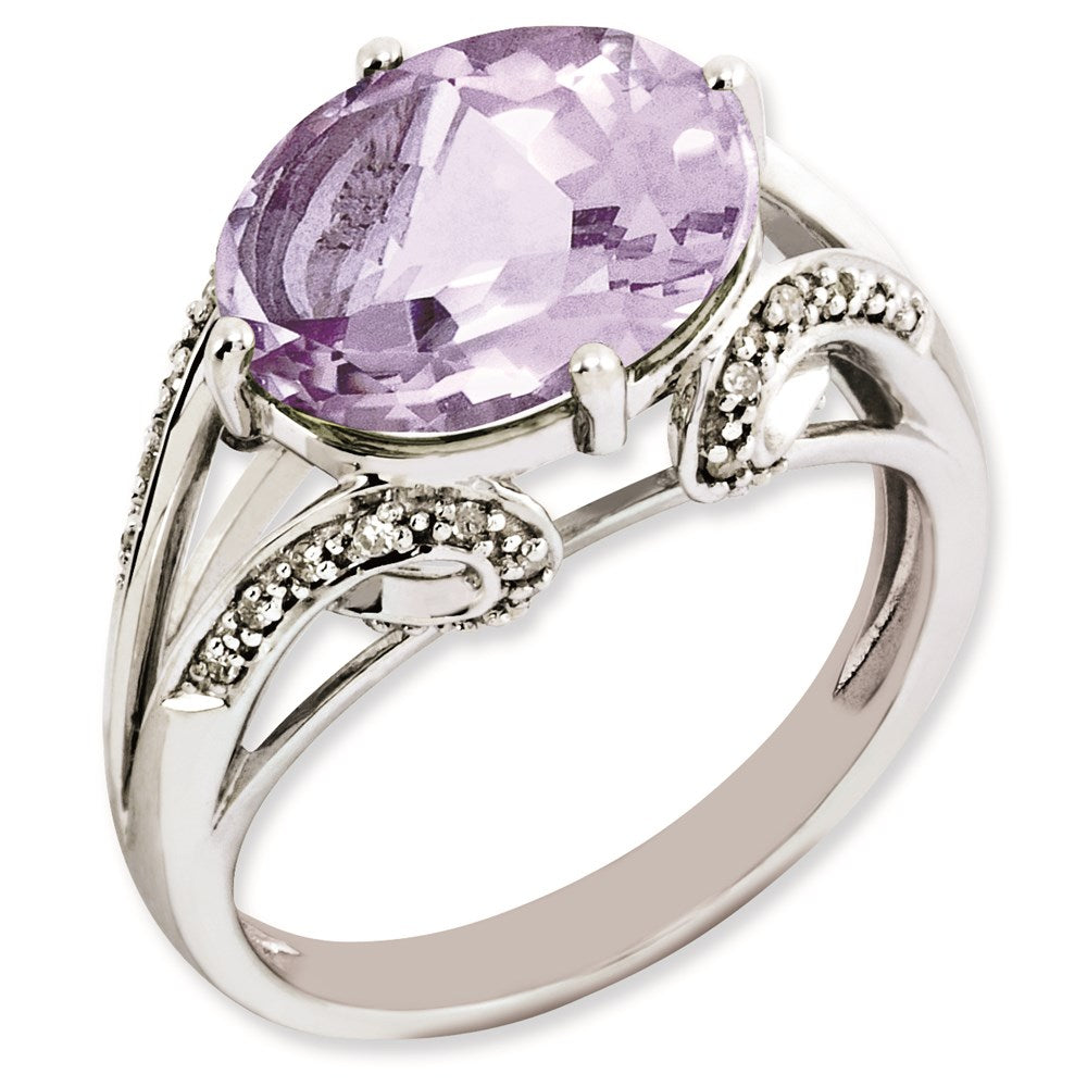 Sterling Silver Rhodium-plated Oval Diamond & Pink Quartz Ring