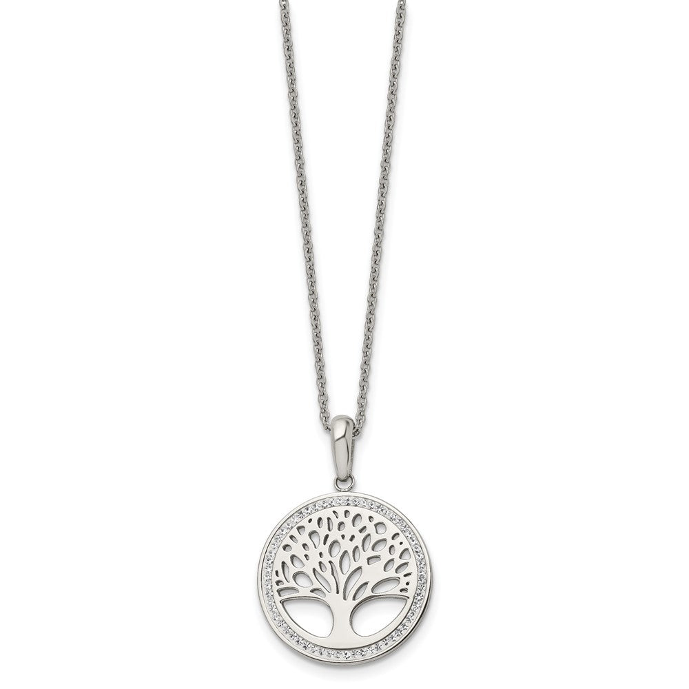 Stainless Steel Polished w/Preciosa Crystal Tree of Life w/2in ext Necklace