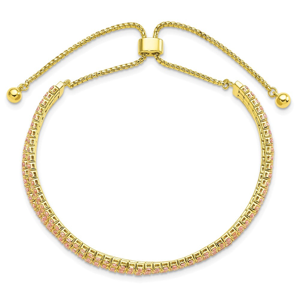 SS Gold Tone October Light Pink Triple CZ Adjustable Bracelet