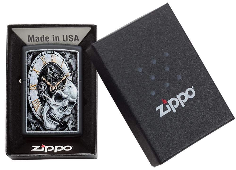 Zippo Skull Clock Design Black Matte Pocket Lighter