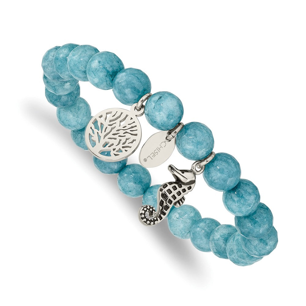 Stainless Steel Antiqued & Polished Seahorse Blue Dyed Jade Stretch Bracele 6.25 inches