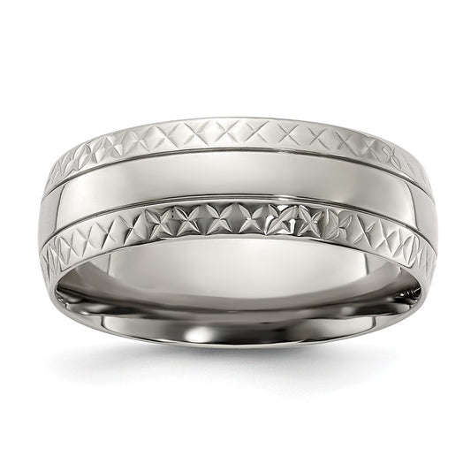 Titanium Polished Grooved Criss Cross Design 7mm Band Size - 8
