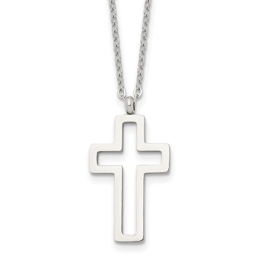 Stainless Steel Polished Cut-out Cross 17.5in Necklace