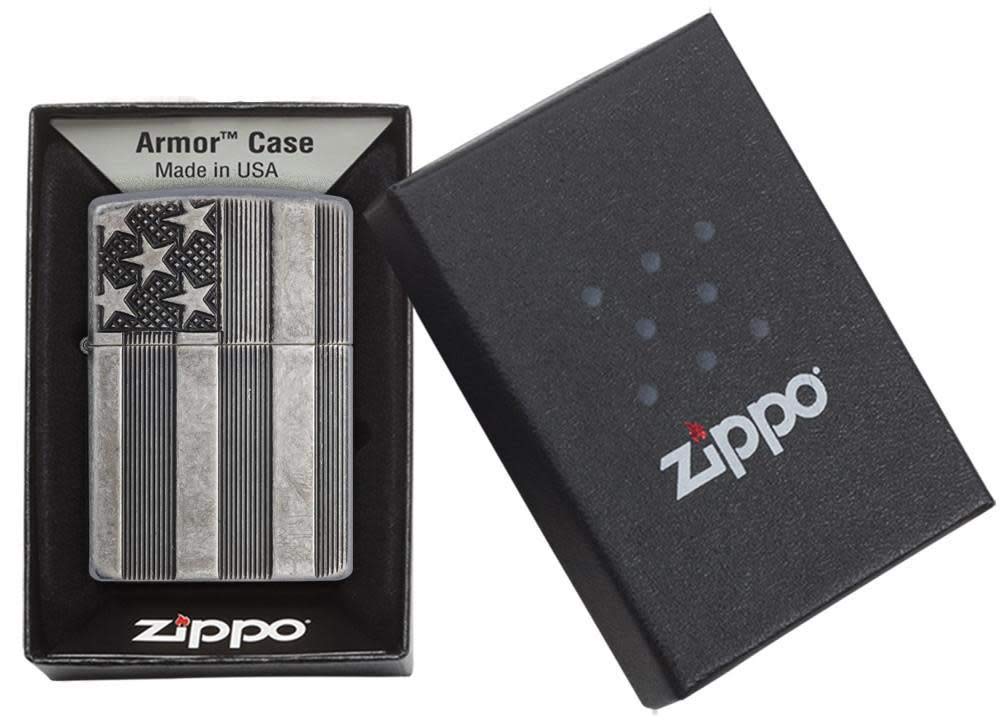 Zippo Armor Antique Silver Plate American Flag Pocket Lighter