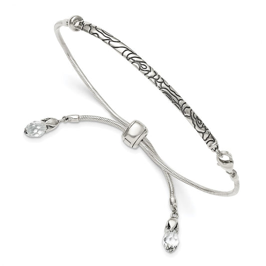 Sterling Silver Antiqued Reflections Clear Crystal Adjustable Bracelet 9 inches