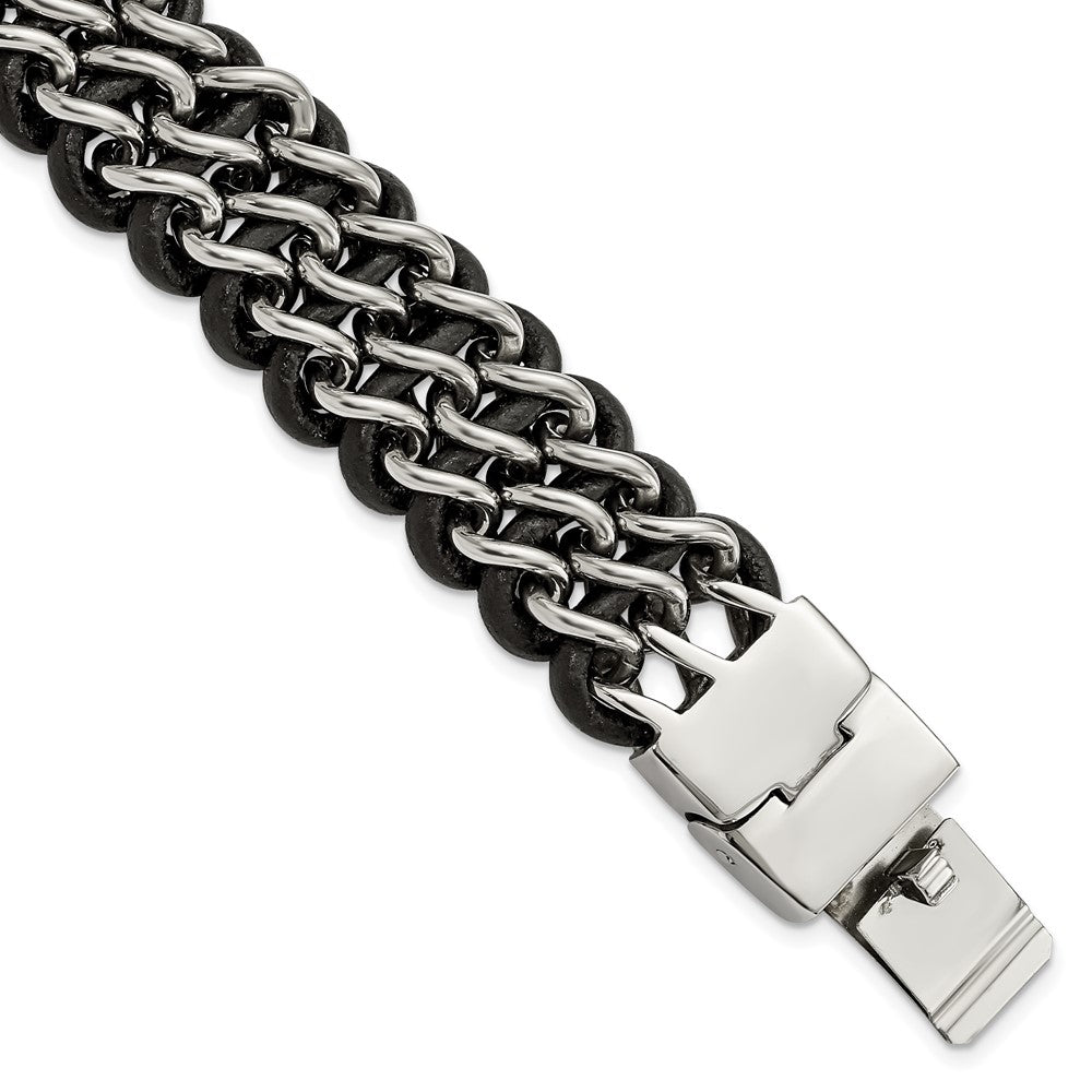 Stainless Steel Polished Black Leather 8.75in Bracelet 8.75 inches