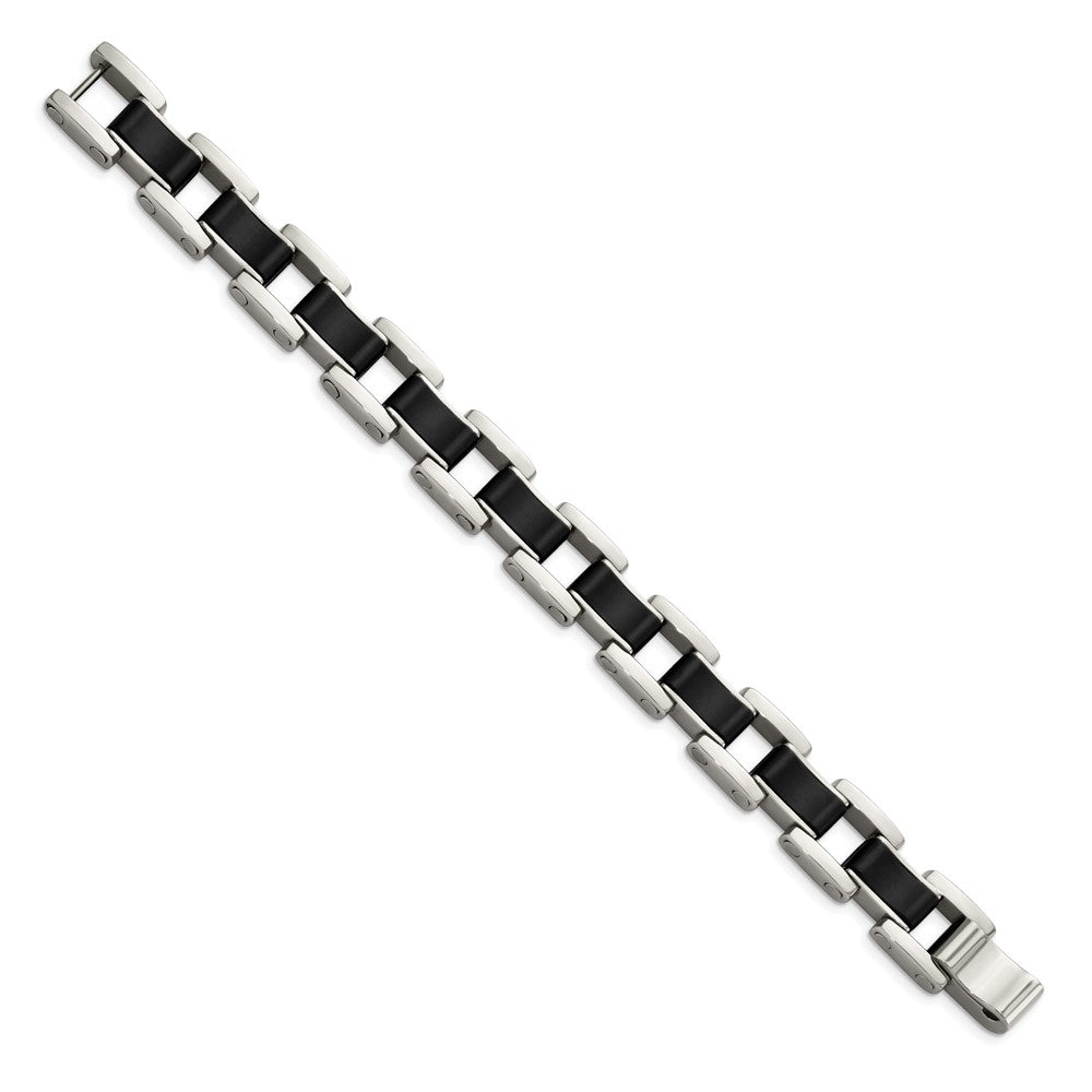 Stainless Steel Polished with Black Rubber 8.5in Bracelet 8.5 inches