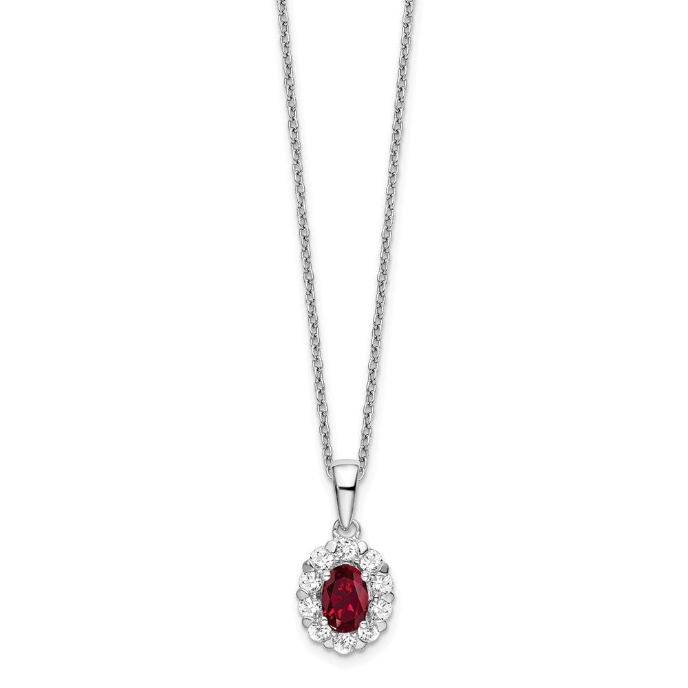 14k White Gold 1/2 carat Lab Grown Diamond VS/SI+ G+ and Oval Lab Created Ruby 18 inch Halo Pendant Necklace