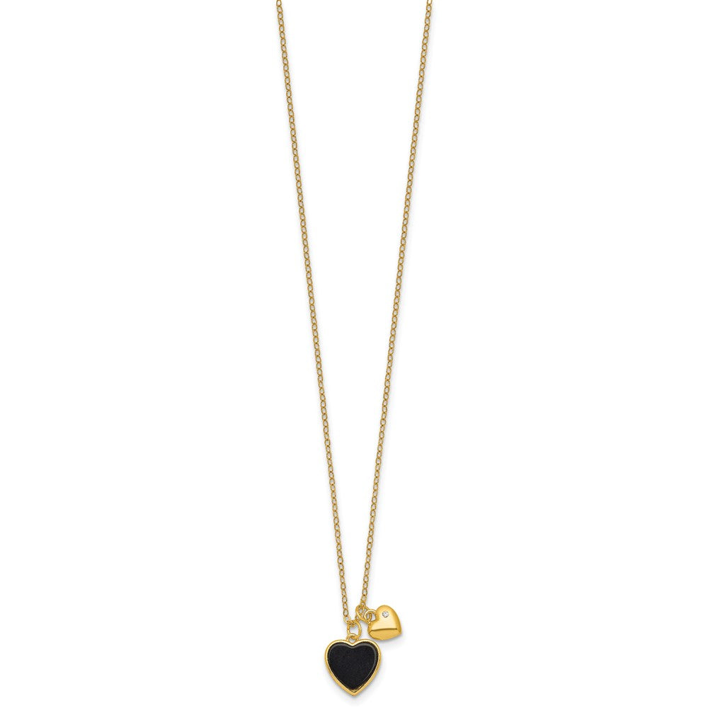 Sterling Silver Gold-tone Polished Onyx and CZ Hearts 14 Inch with 3 Inch Extension Children's Necklace 14 Inches