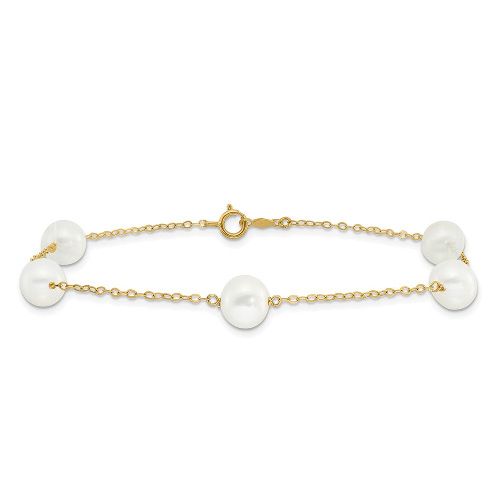 14K 7-8mm White Near Round FW Cultured Pearl 5-station 9in Anklet 9 inches