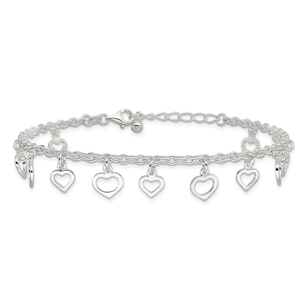 Sterling Silver 8 in Plus 1in Ext Polished Heart Anklet 9 inches