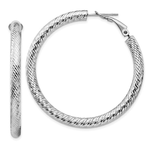 14k 4x35mm White Gold Diamond-cut Round Omega Back Hoop Earrings