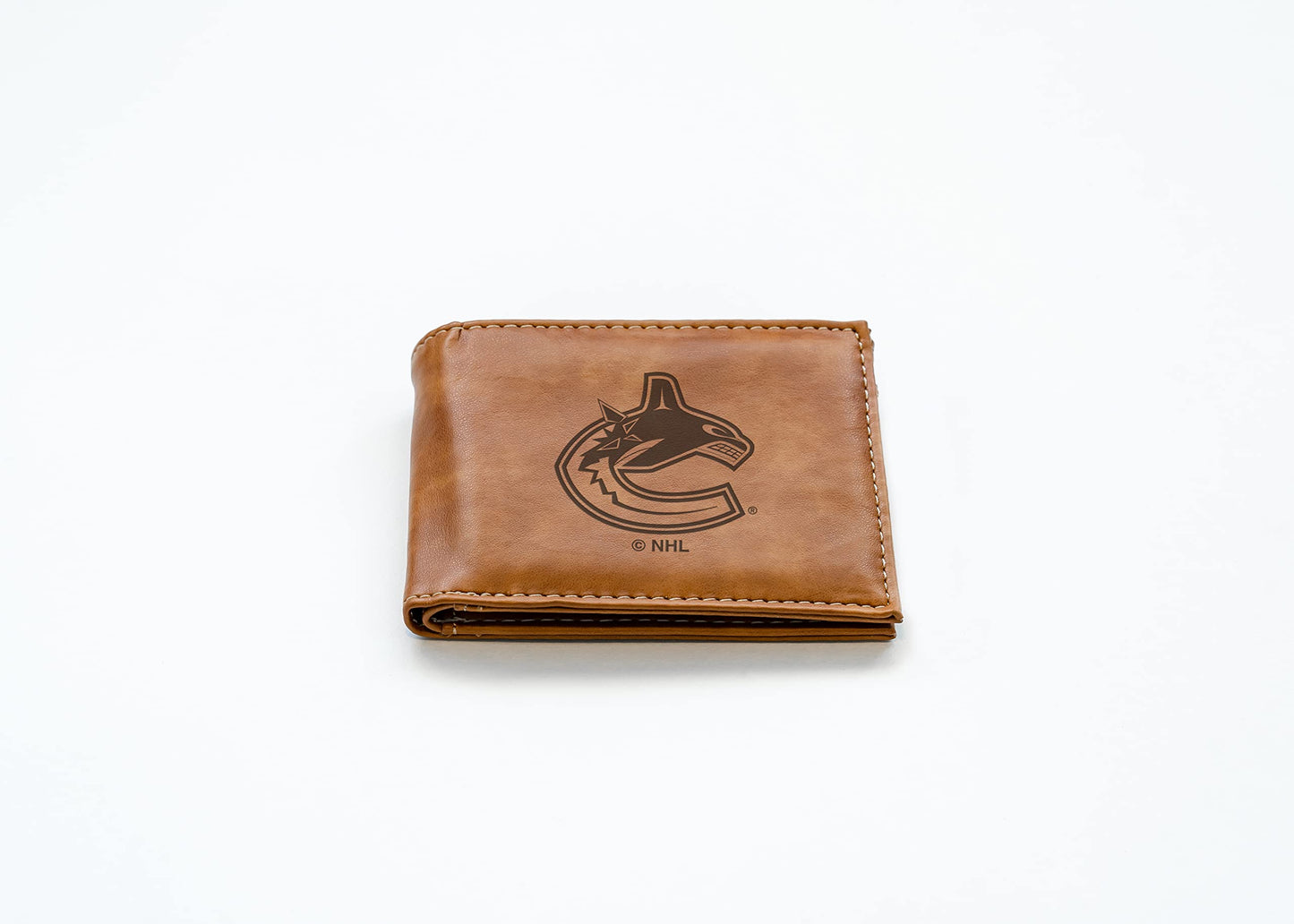 NHL Vancouver Canucks Brown Faux Leather Bi-fold Wallet with 4 Card Slots and Flip-up ID Window QGC7371