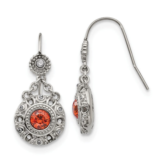 Stainless Steel Polished Red and Clear CZ Circle Dangle Earrings